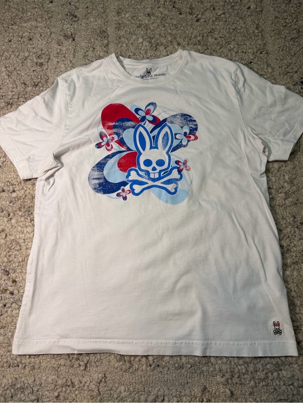Psycho Bunny White Tee with Blue & Red Graphic Bunny